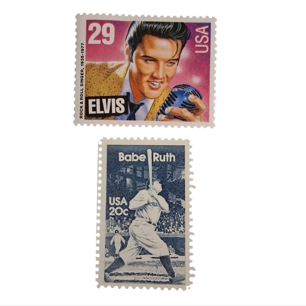 VINTAGE ELVIS PRESLEY & BABE RUTH POSTAGE STAMPS UNMARKED - NEW 🤎